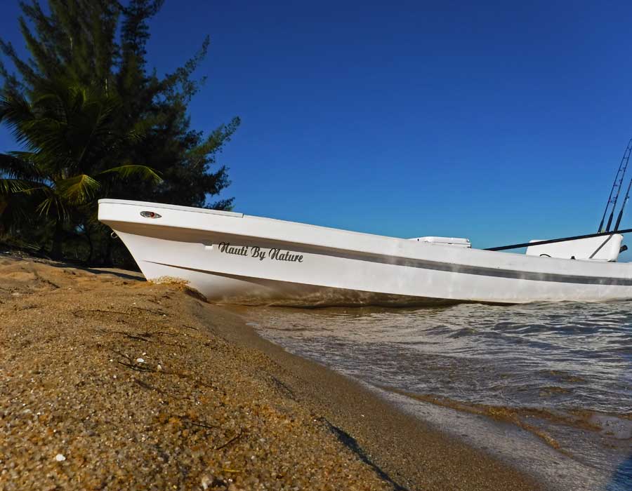 Mexican panga Boat on the beach for fly fishing