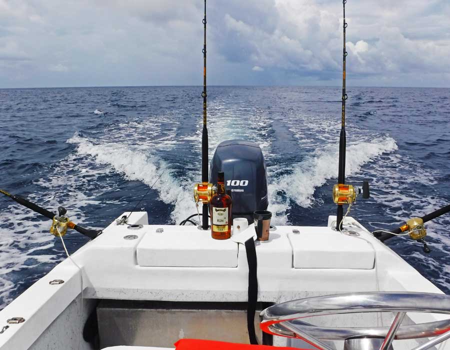 Boat outfitted with rods and reels